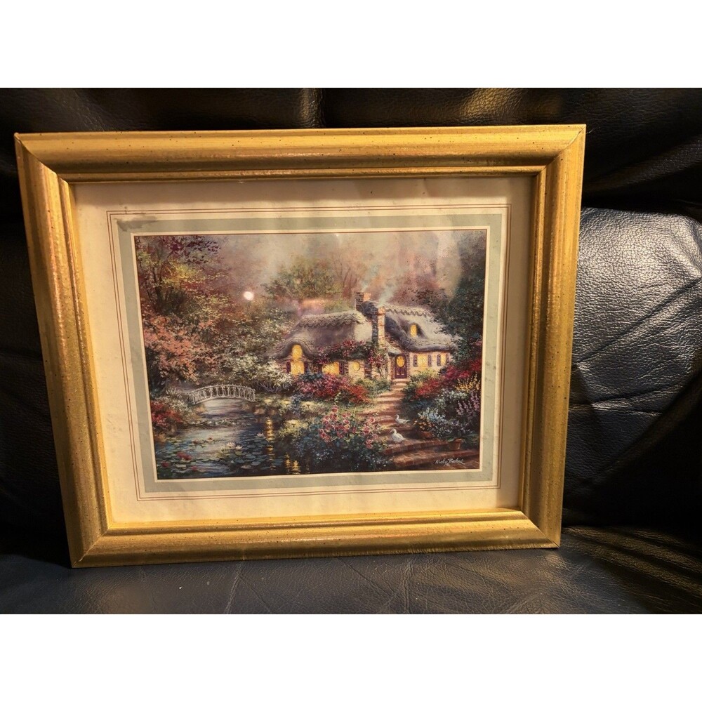 Vtg. Old English Cottage Garden Print Nicky Boehme Framed Flowers Pond Duck 9x11